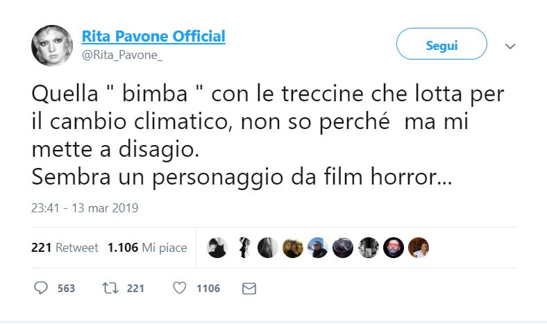 il tweet di Rita Pavone contro Greta Thunberg