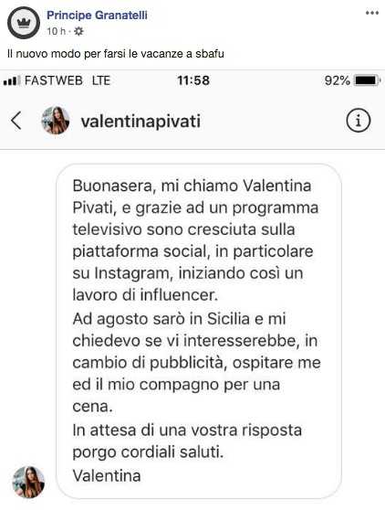 Il messaggio di Valentina Pivati al ristorante siciliano