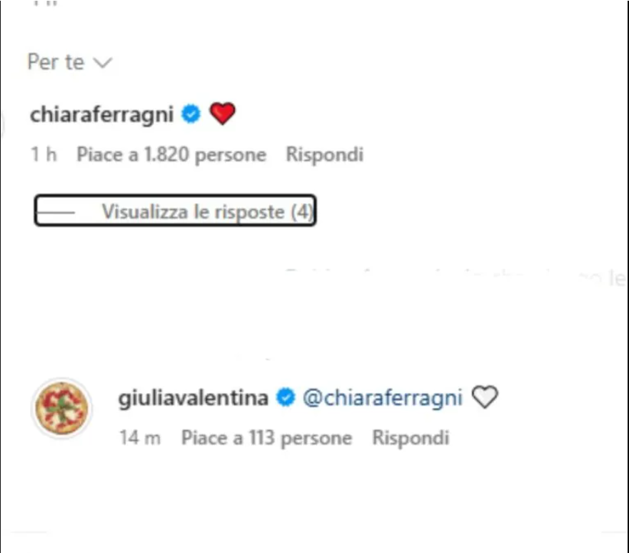 commento chiara ferragni cuore giulia valentina