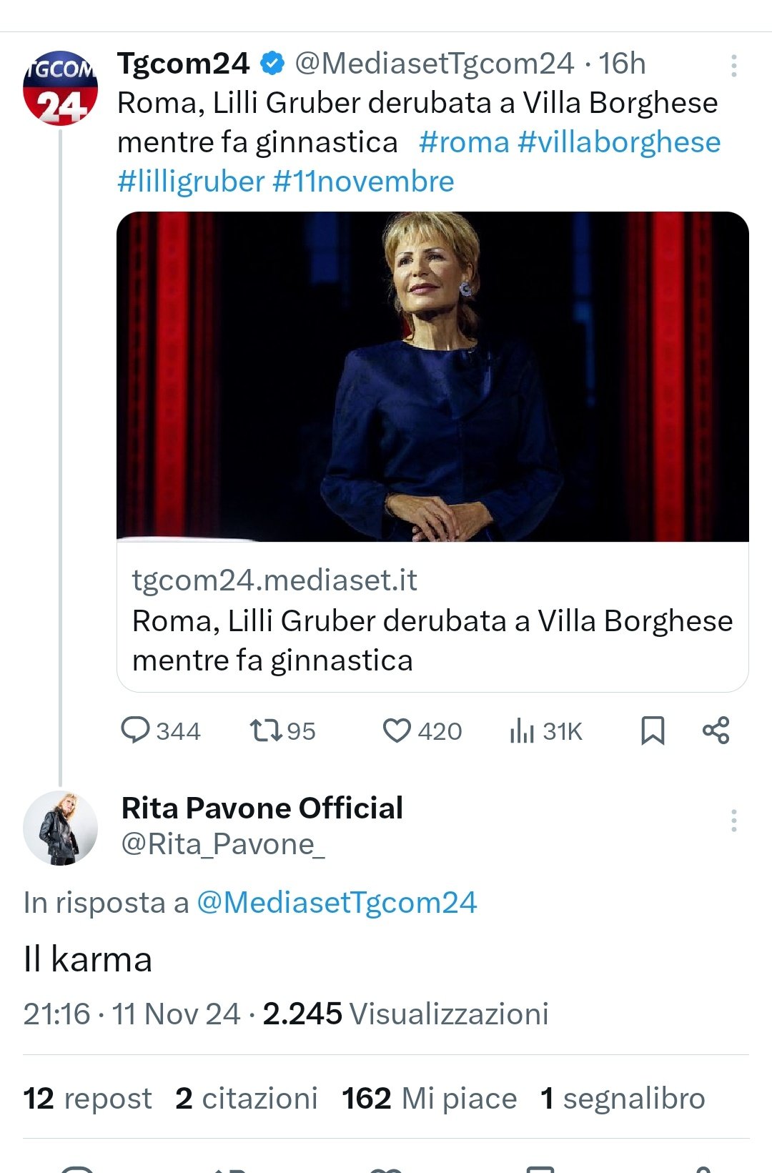 Rita Pavone gode per il furto subito da Lilli Gruber